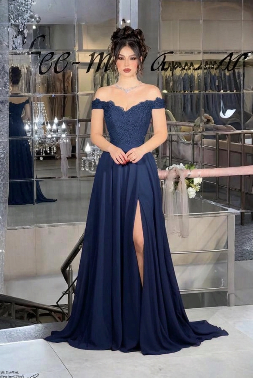 Dark navy off-the-shoulder lace A-line evening dress
