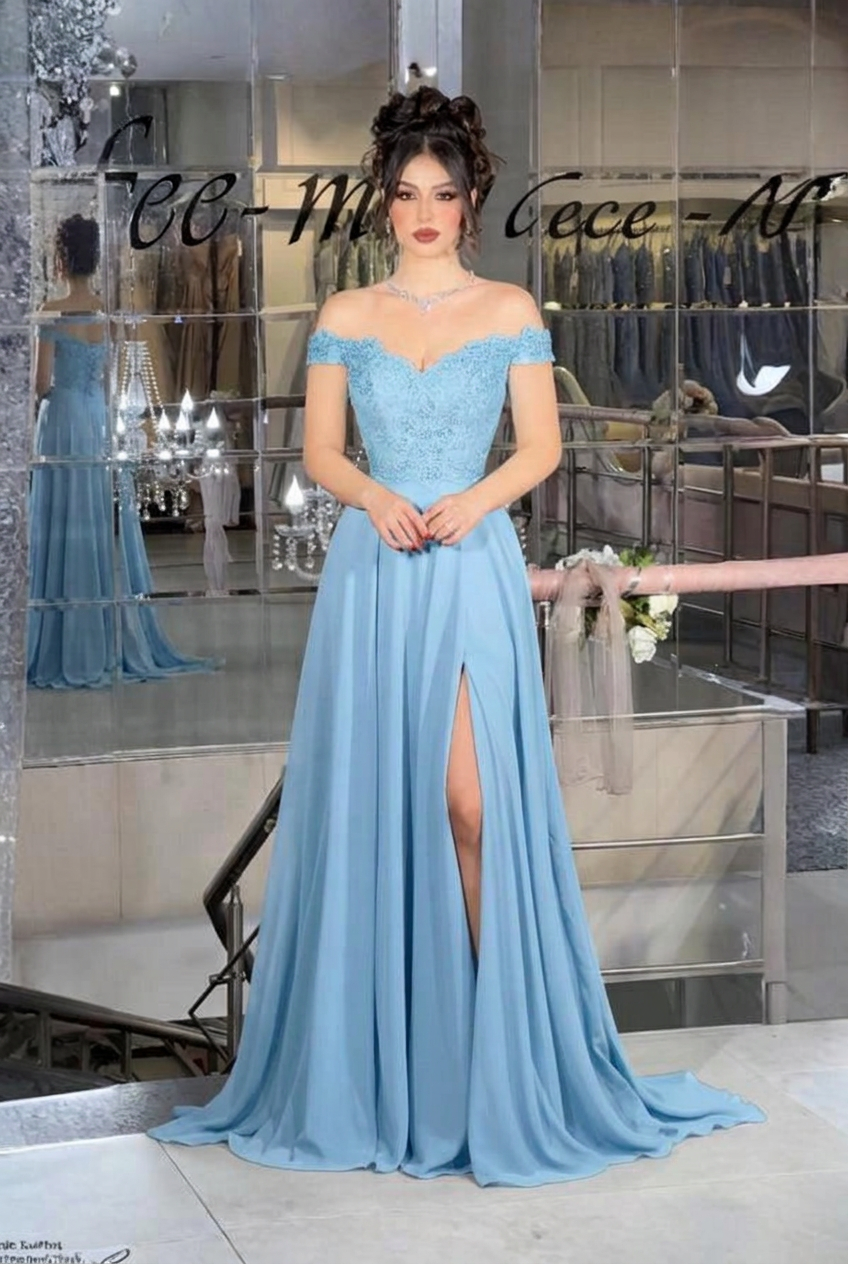 Light blue off-the-shoulder lace A-line evening dress
