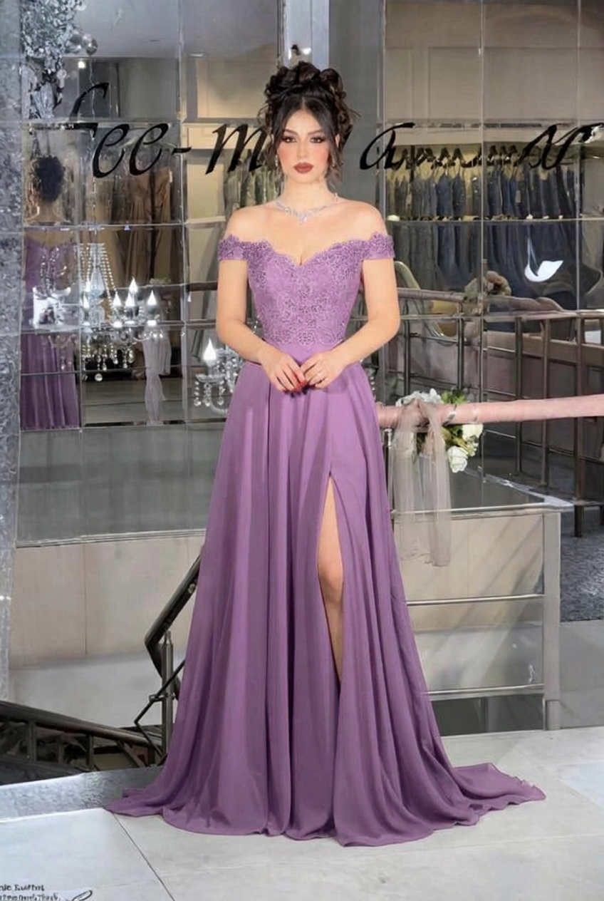 Lilac off-the-shoulder lace A-line evening dress