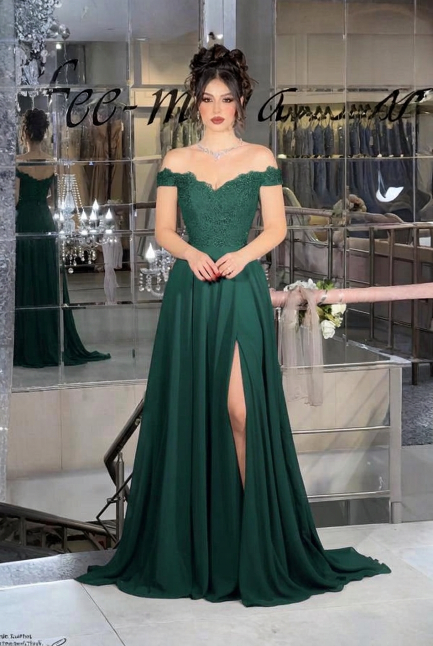Dark green off-the-shoulder lace A-line evening dress