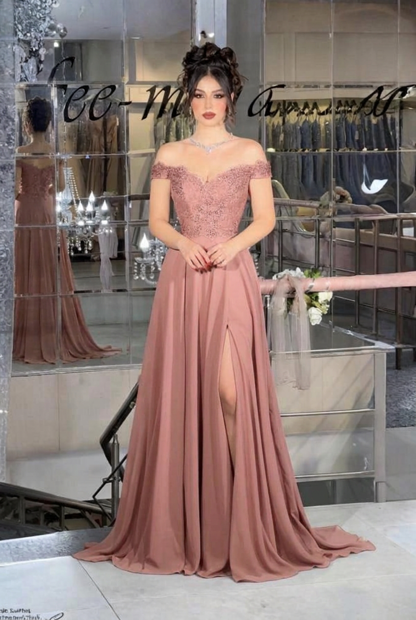 Dusty rose off-the-shoulder lace A-line evening dress
