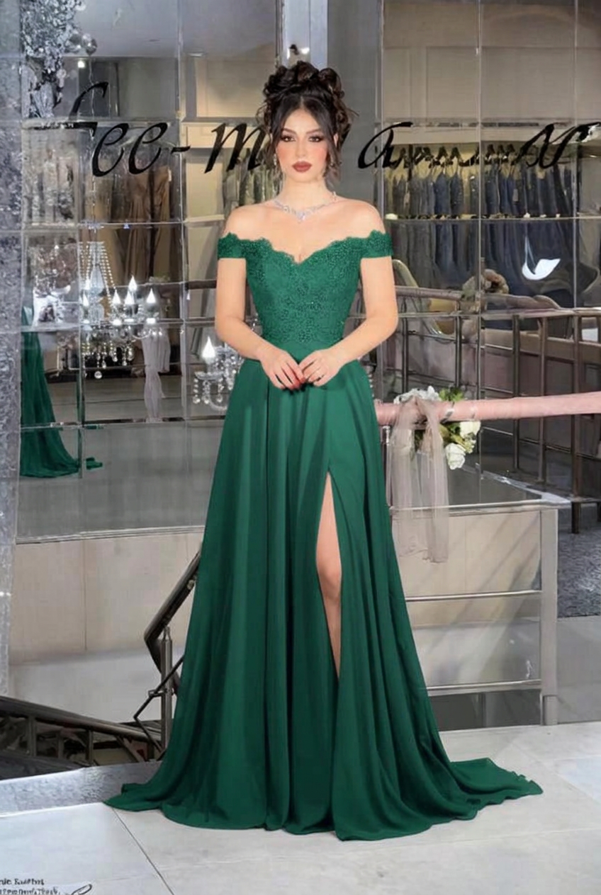 Emerald green off-the-shoulder lace A-line evening dress