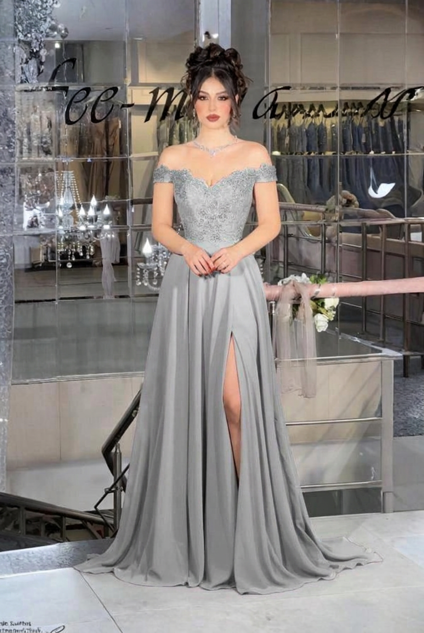 Silver off-the-shoulder lace A-line evening dress