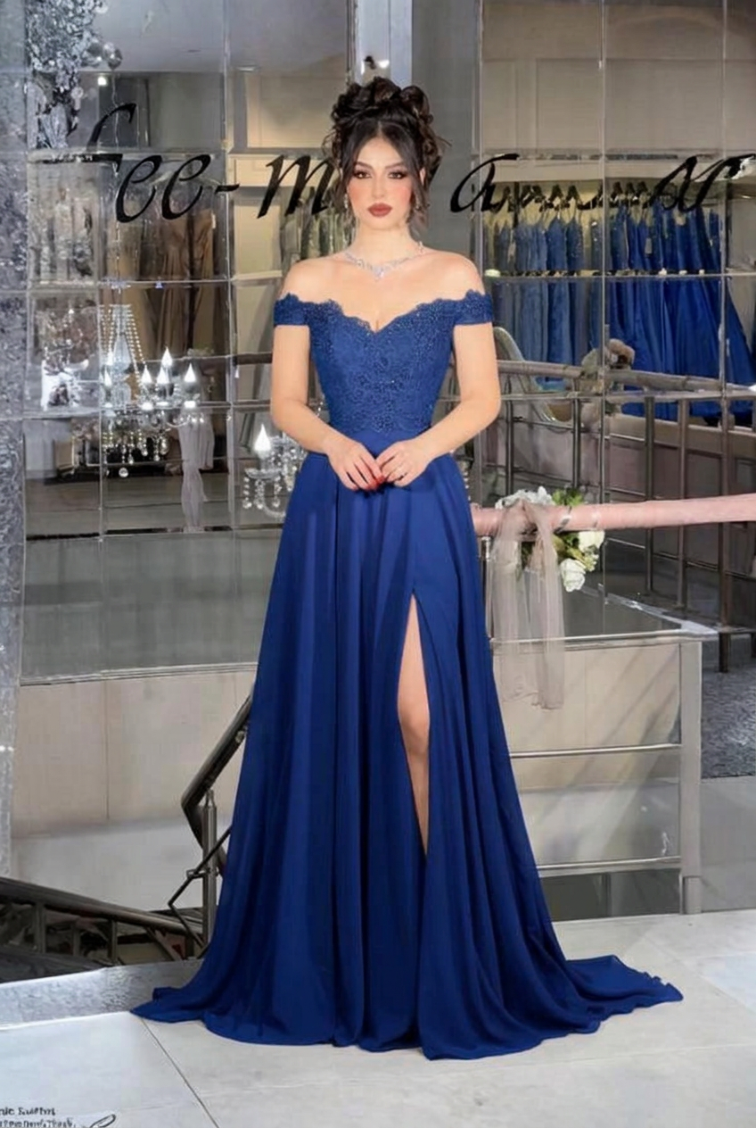 Royal blue off-the-shoulder lace A-line evening dress