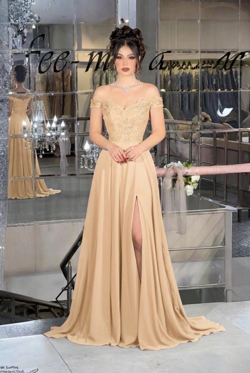 Champagne off-the-shoulder lace A-line evening dress