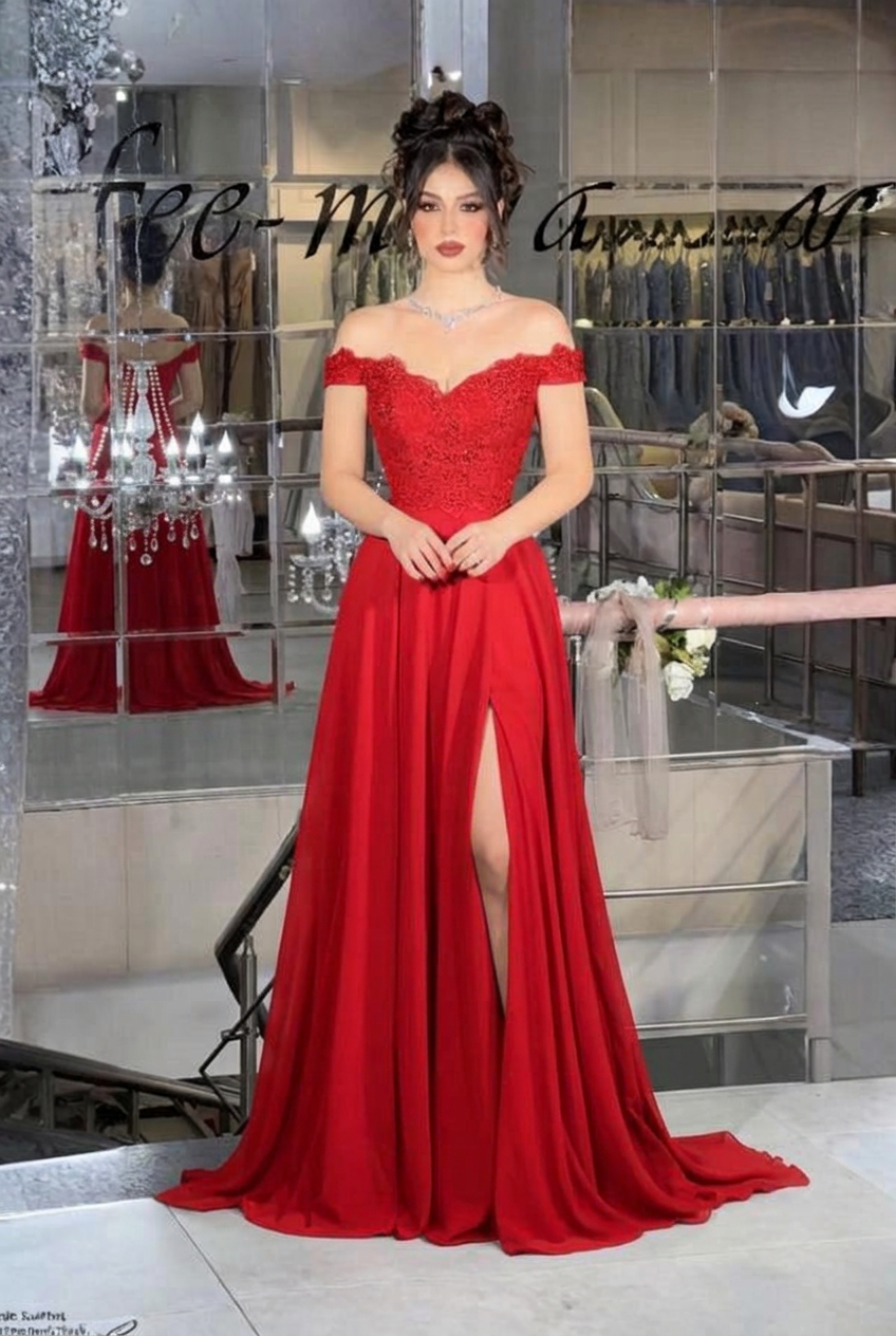 Red off-the-shoulder lace A-line evening dress