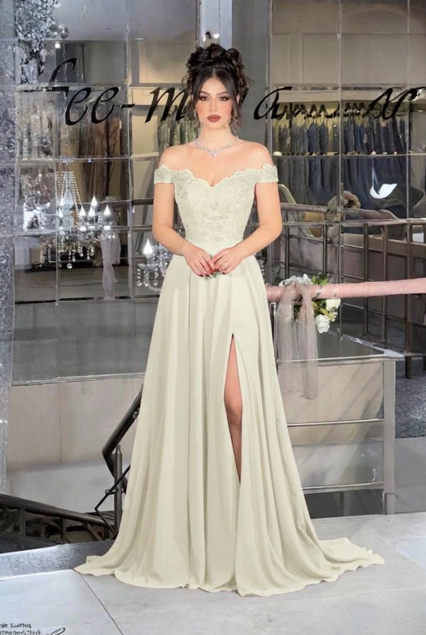 Ivory off-the-shoulder lace A-line evening dress