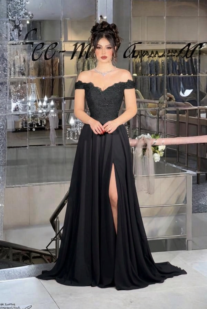 Black off-the-shoulder lace A-line evening dress