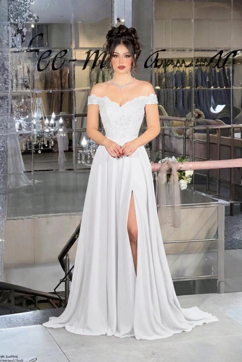 White off-the-shoulder lace A-line evening dress