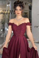 Burgundy Off-the-shoulder Sleeveless A-line Lace Appliques Beaded High Formal Evening Gown