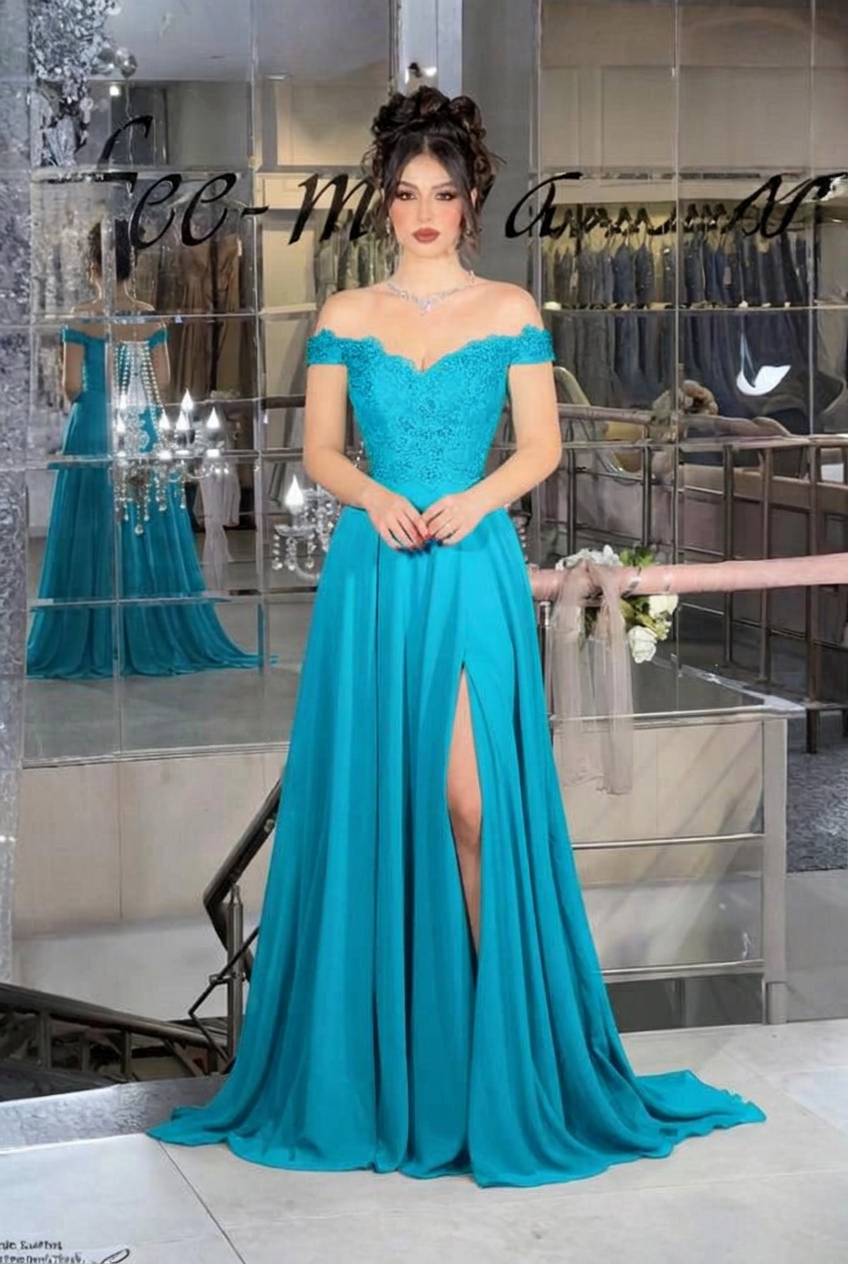 Turquoise off-the-shoulder lace A-line evening dress