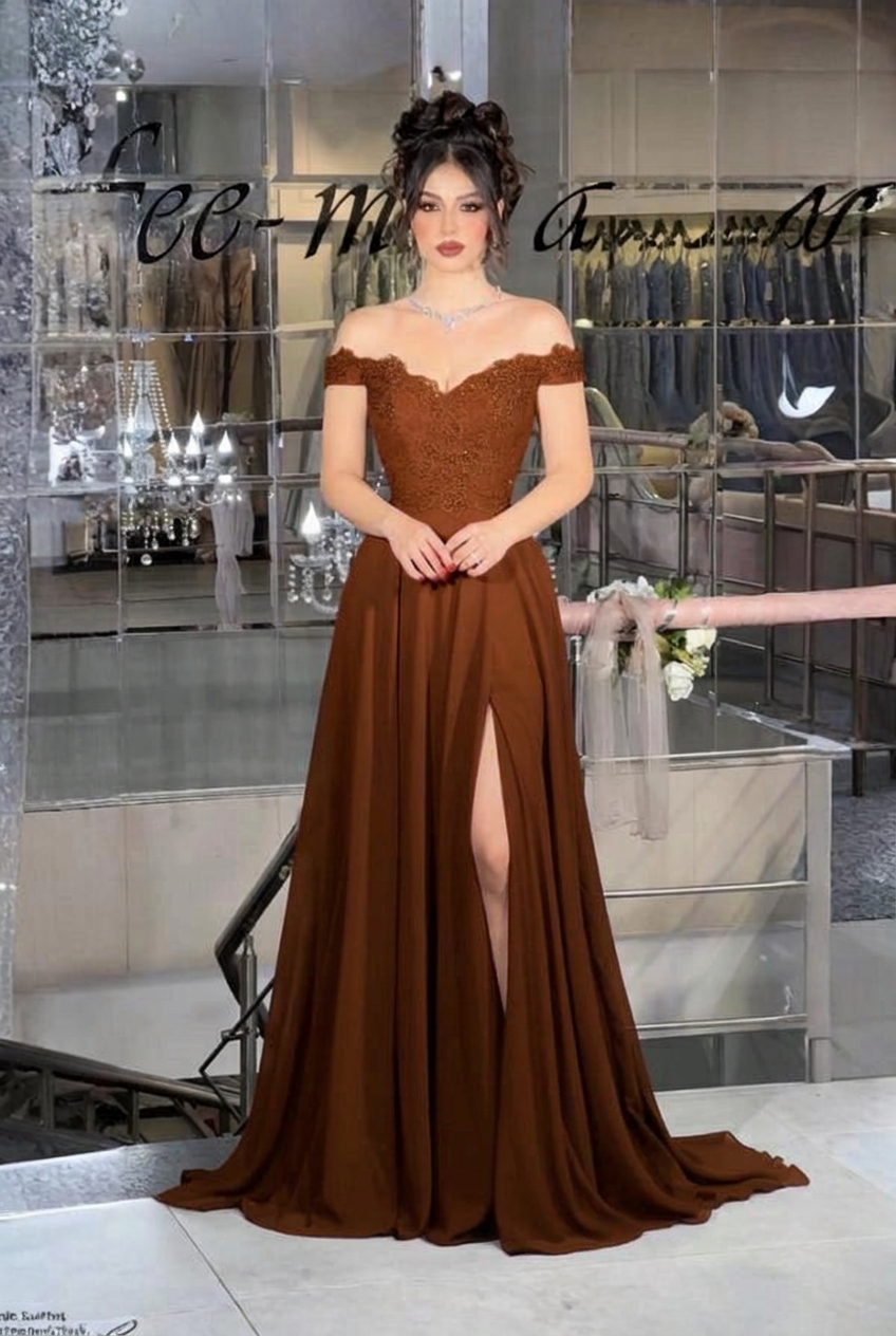 Chocolate off-the-shoulder lace A-line evening dress