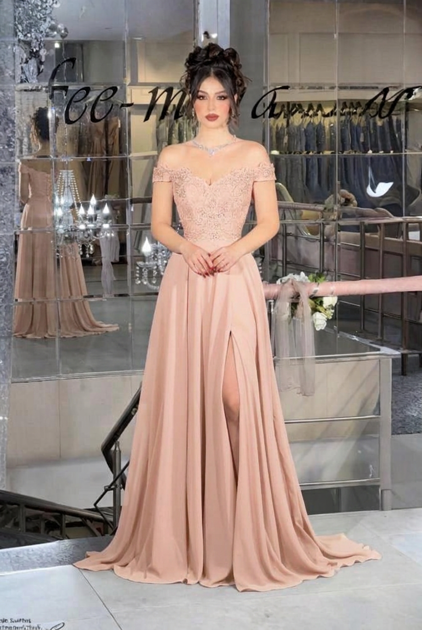 Pearl pink off-the-shoulder lace A-line evening dress
