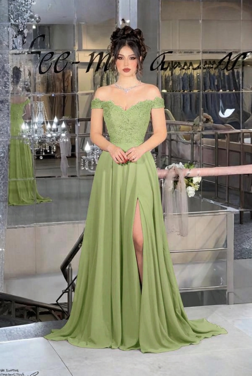 Sage off-the-shoulder lace A-line evening dress