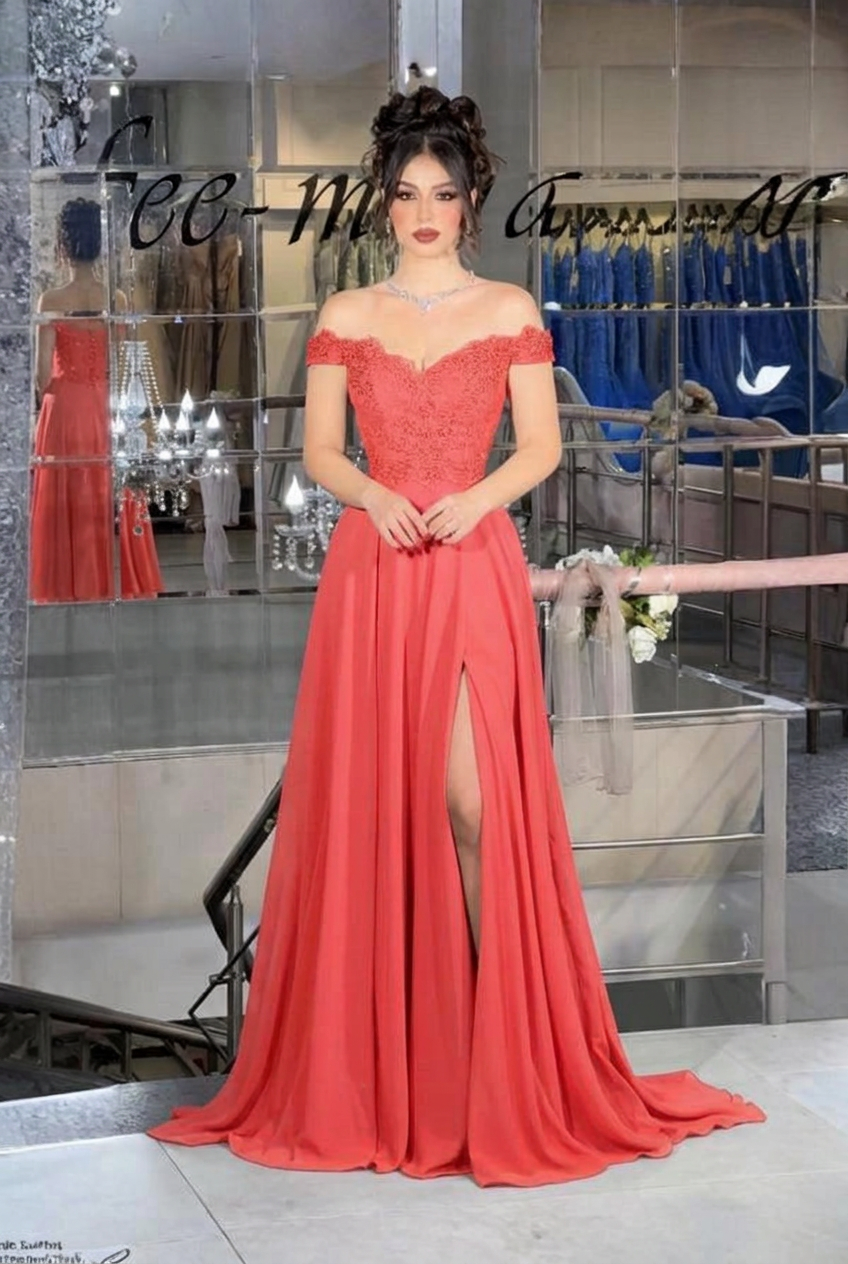 Coral off-the-shoulder lace A-line evening dress