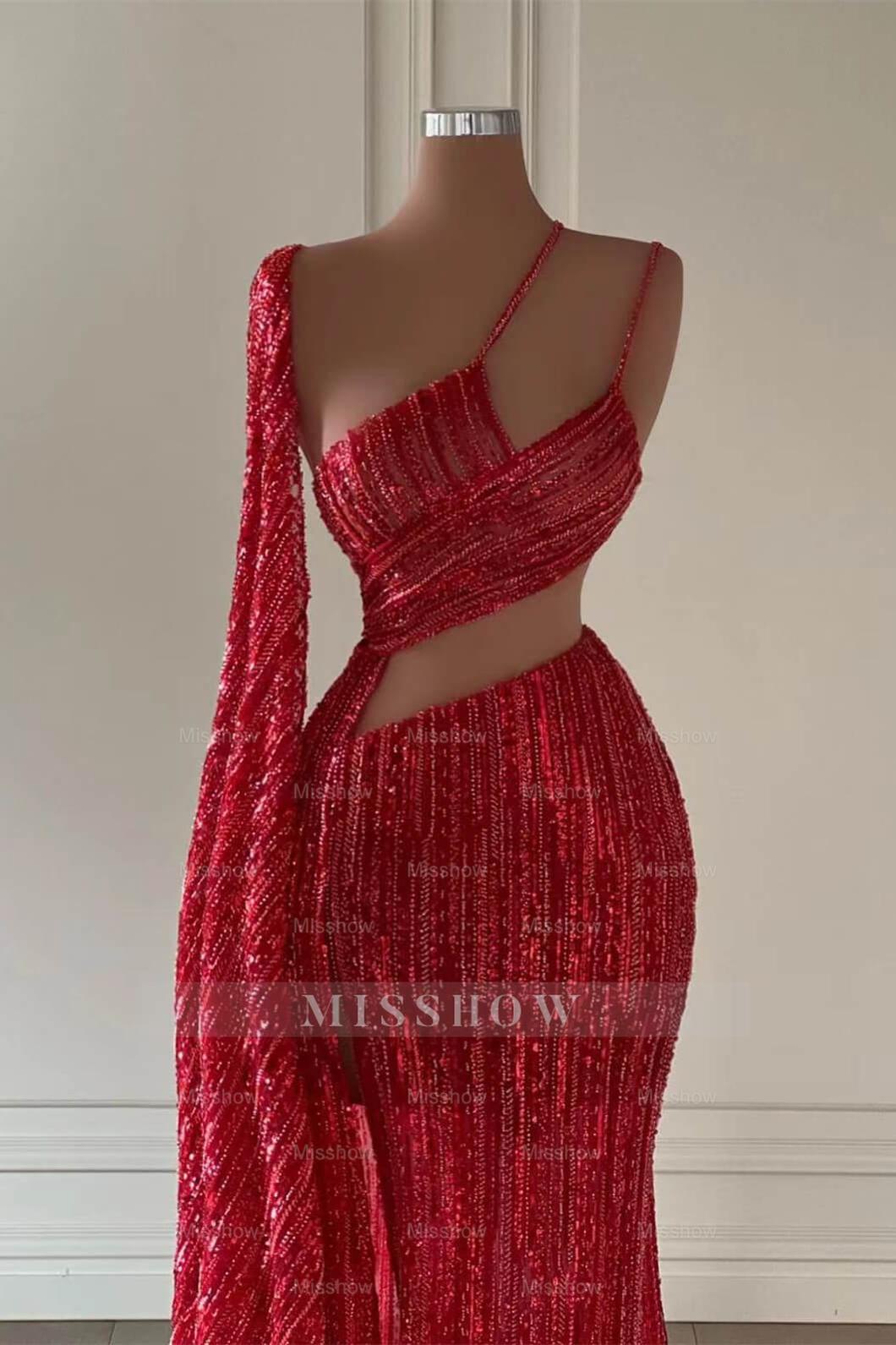 Burgundy One Shoulder Sleeveless Mermaid Sequined Beaded Cutout Floor Length Evening Gown