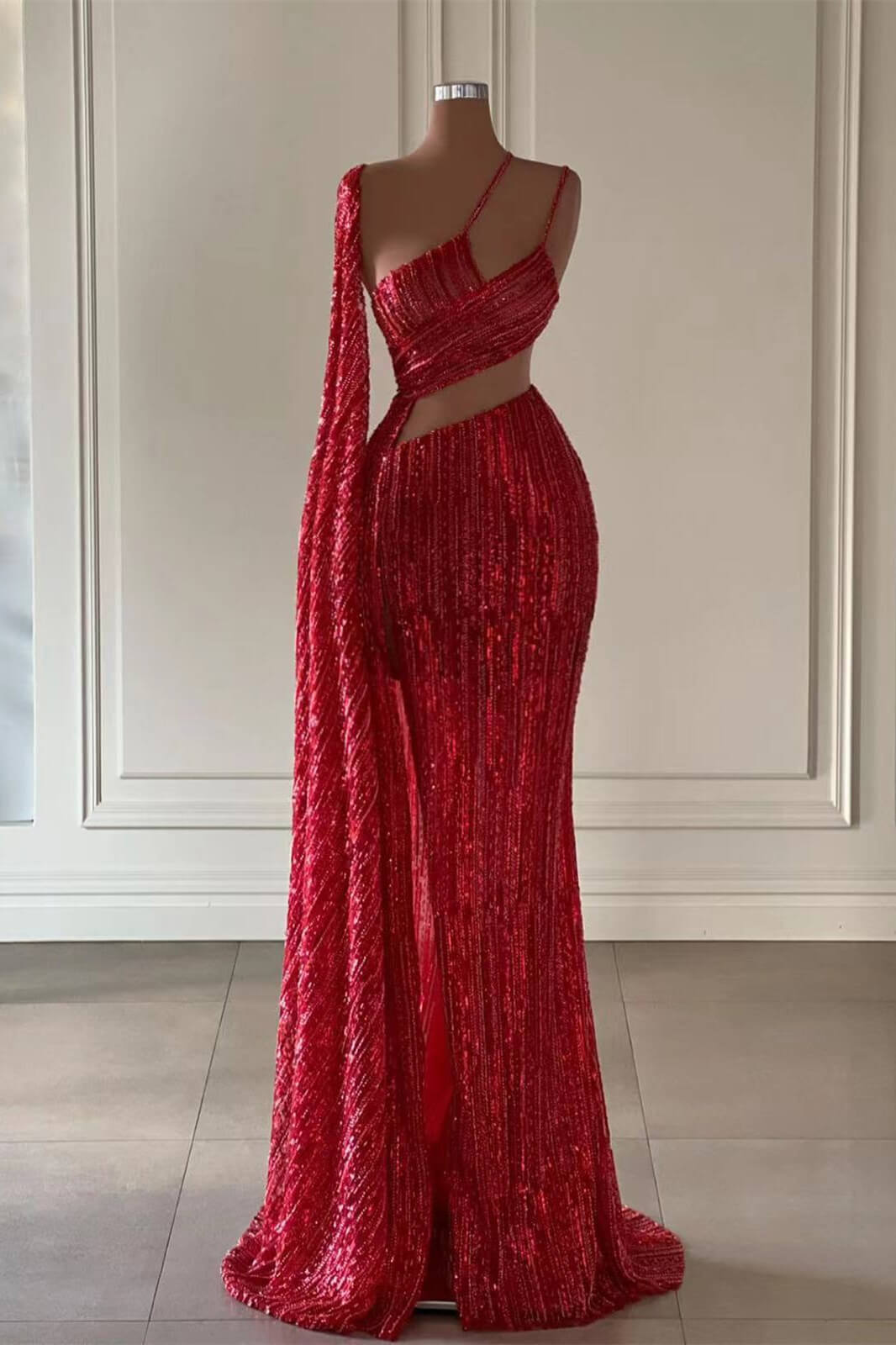 Burgundy One Shoulder Sleeveless Mermaid Sequined Beaded Cutout Floor Length Evening Gown