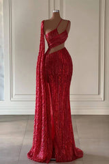 Burgundy One Shoulder Sleeveless Mermaid Sequined Beaded Cutout Floor Length Evening Gown