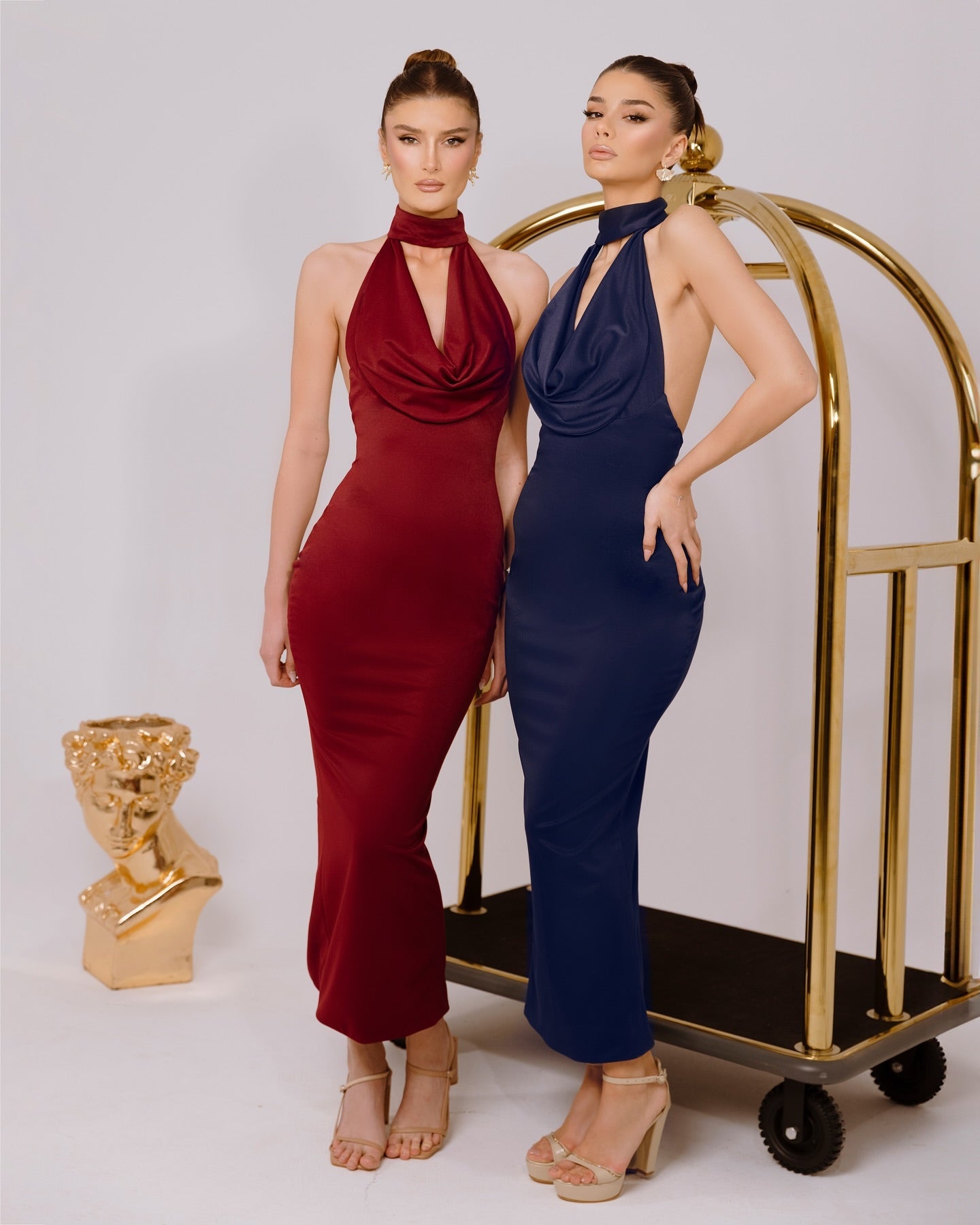 Burgundy Rhinestone Halter Draped Cowl Sleeveless Mermaid Maxi Satin Formal Evening Gown