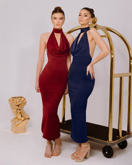 Burgundy Rhinestone Halter Draped Cowl Sleeveless Mermaid Maxi Satin Formal Evening Gown
