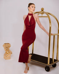 Burgundy Rhinestone Halter Draped Cowl Sleeveless Mermaid Maxi Satin Formal Evening Gown