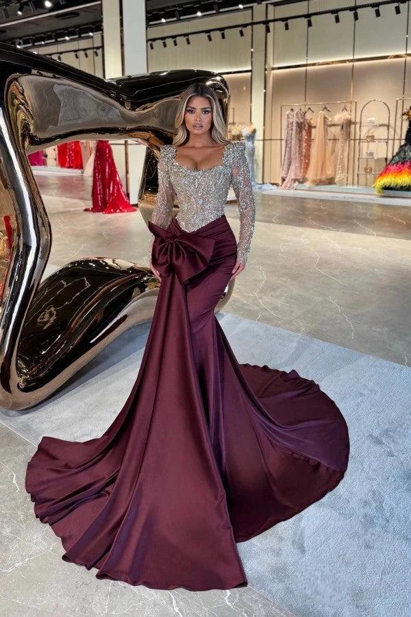 Burgundy Satin Mermaid Evening Dress Square Neck Long Sheer Illusion Sleeves Allover Silver Crystal 3D Floral Lace Beaded Corset Bodice Oversized Front Bow Ruched Waist Cathedral Train Formal Gown