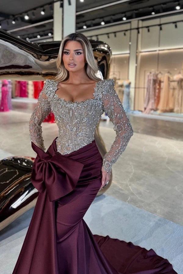 Burgundy Satin Mermaid Evening Dress Square Neck Long Sheer Illusion Sleeves Allover Silver Crystal 3D Floral Lace Beaded Corset Bodice Oversized Front Bow Ruched Waist Cathedral Train Formal Gown