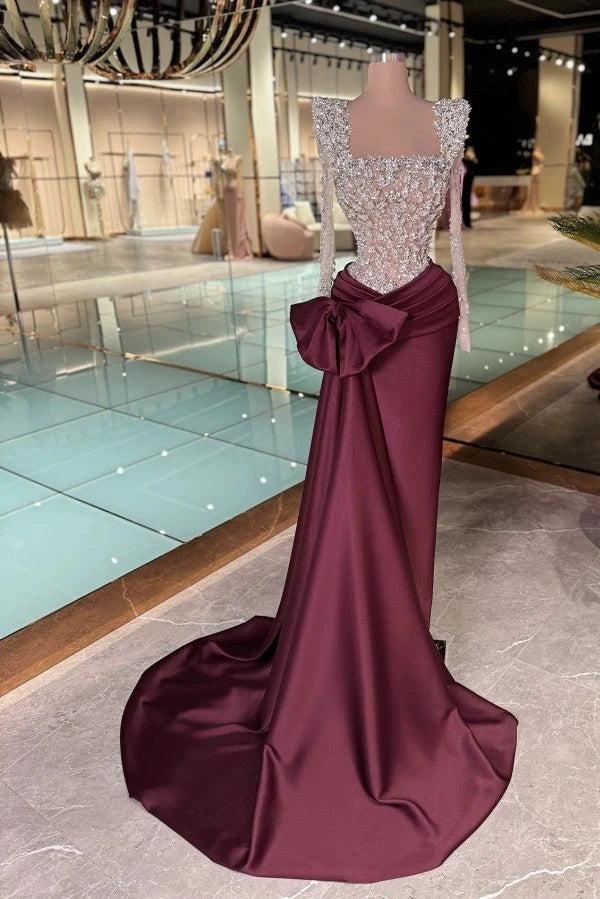Burgundy Satin Mermaid Evening Dress Square Neck Long Sheer Illusion Sleeves Allover Silver Crystal 3D Floral Lace Beaded Corset Bodice Oversized Front Bow Ruched Waist Cathedral Train Formal Gown