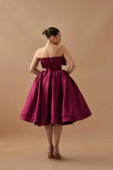Burgundy Satin Strapless Cocktail Dress Deep Sweetheart Oversized Bow Bodice Pearl Button Back A-Line Tea Length Party Gown