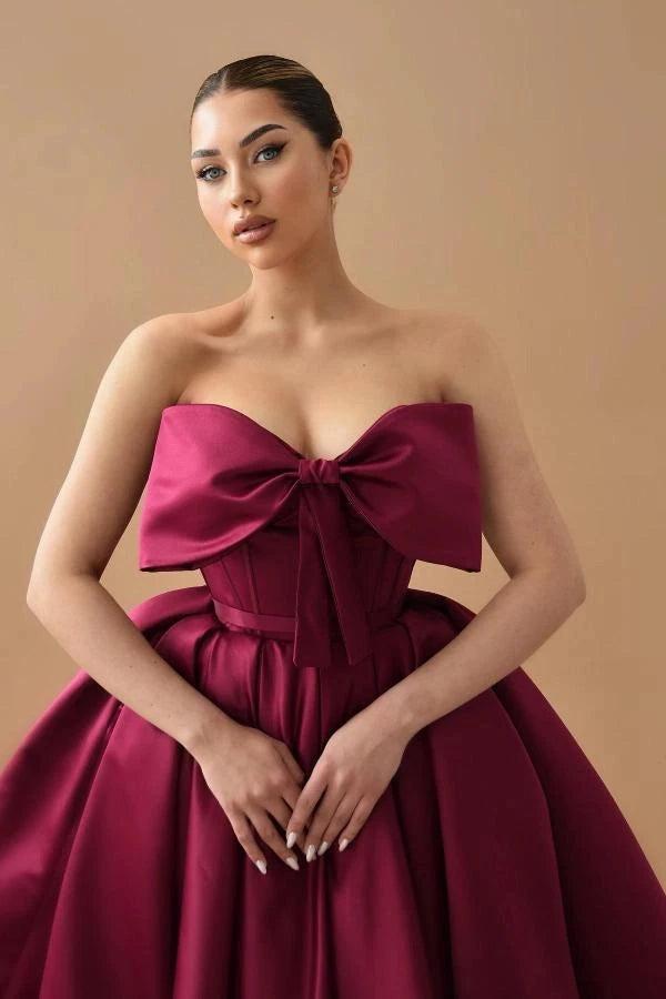 Burgundy Satin Strapless Cocktail Dress Deep Sweetheart Oversized Bow Bodice Pearl Button Back A-Line Tea Length Party Gown