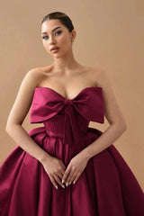 Burgundy Satin Strapless Cocktail Dress Deep Sweetheart Oversized Bow Bodice Pearl Button Back A-Line Tea Length Party Gown