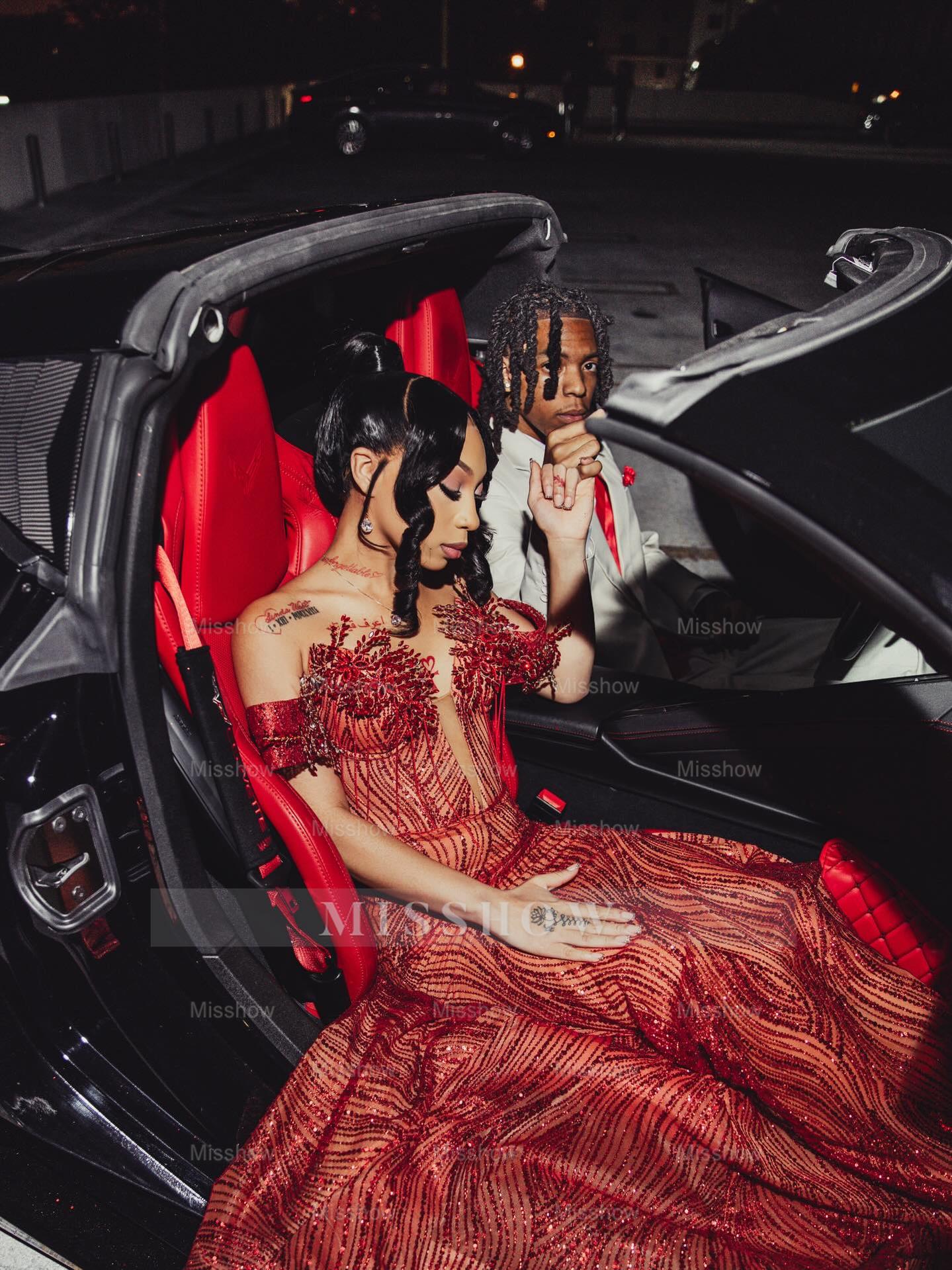 Red v-neck beaded mermaid prom dress