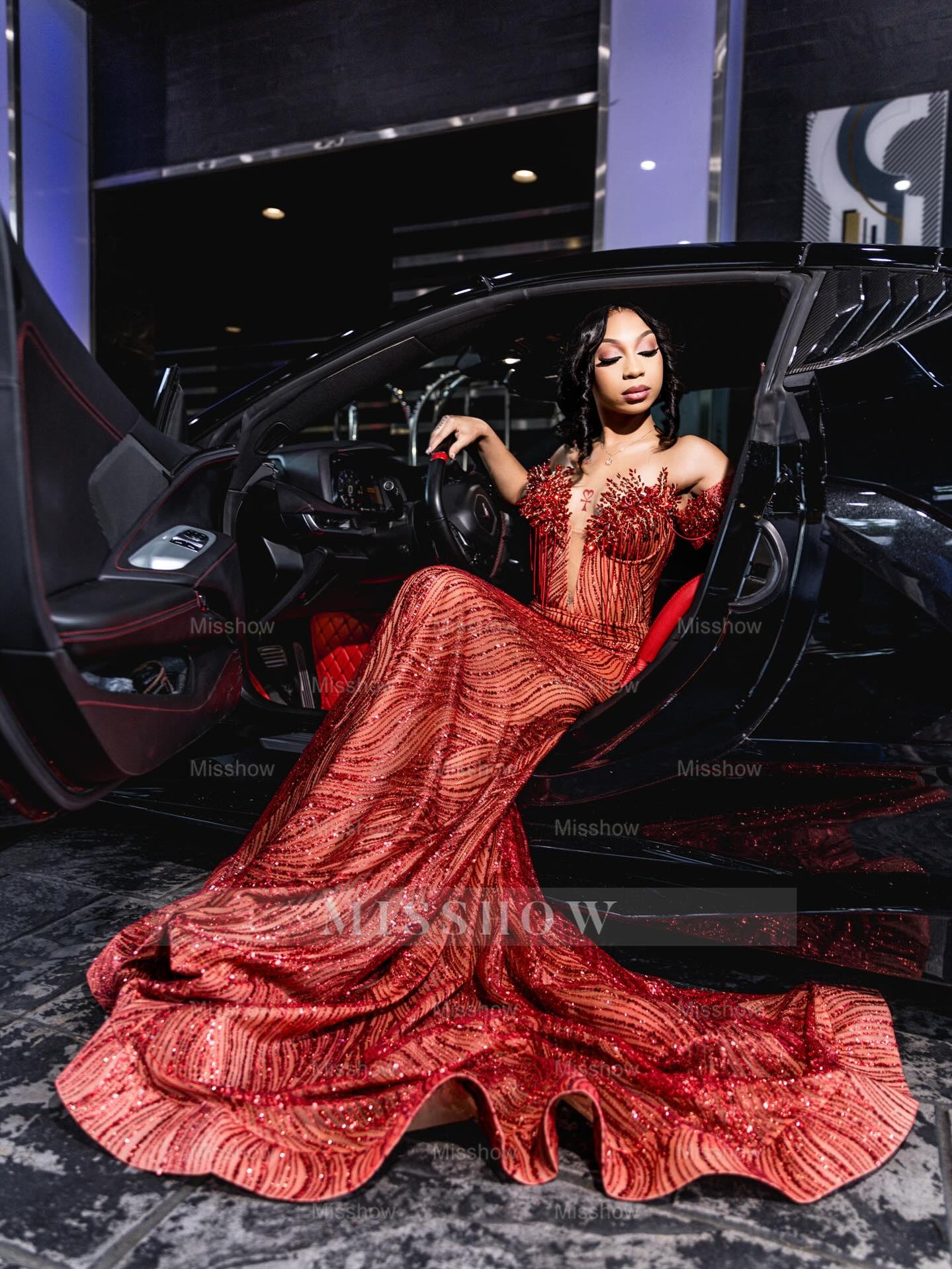 Red v-neck beaded mermaid prom dress