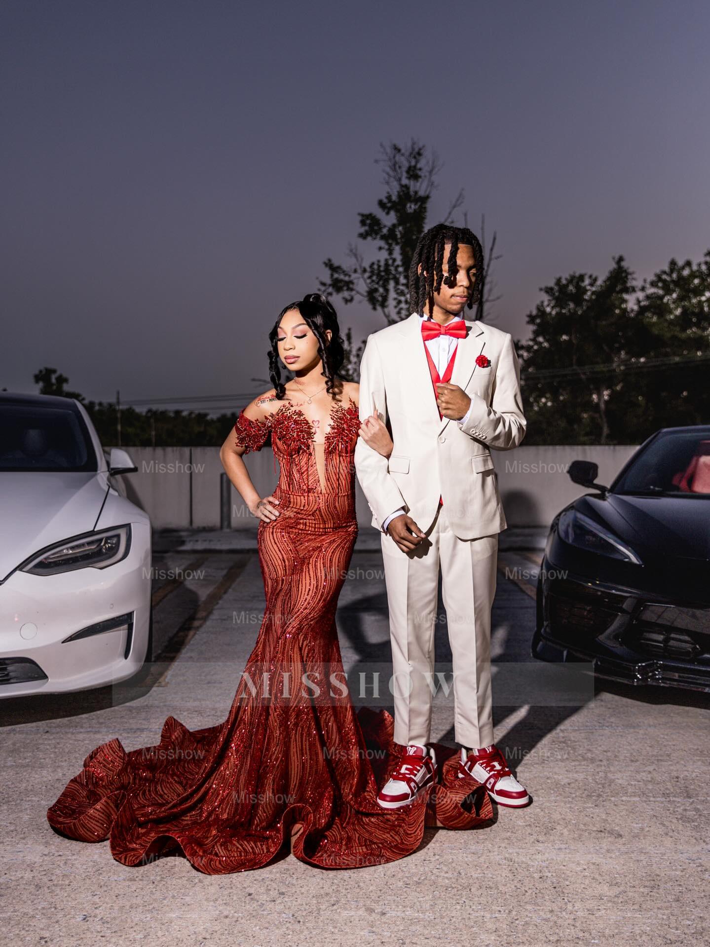 Red v-neck beaded mermaid prom dress