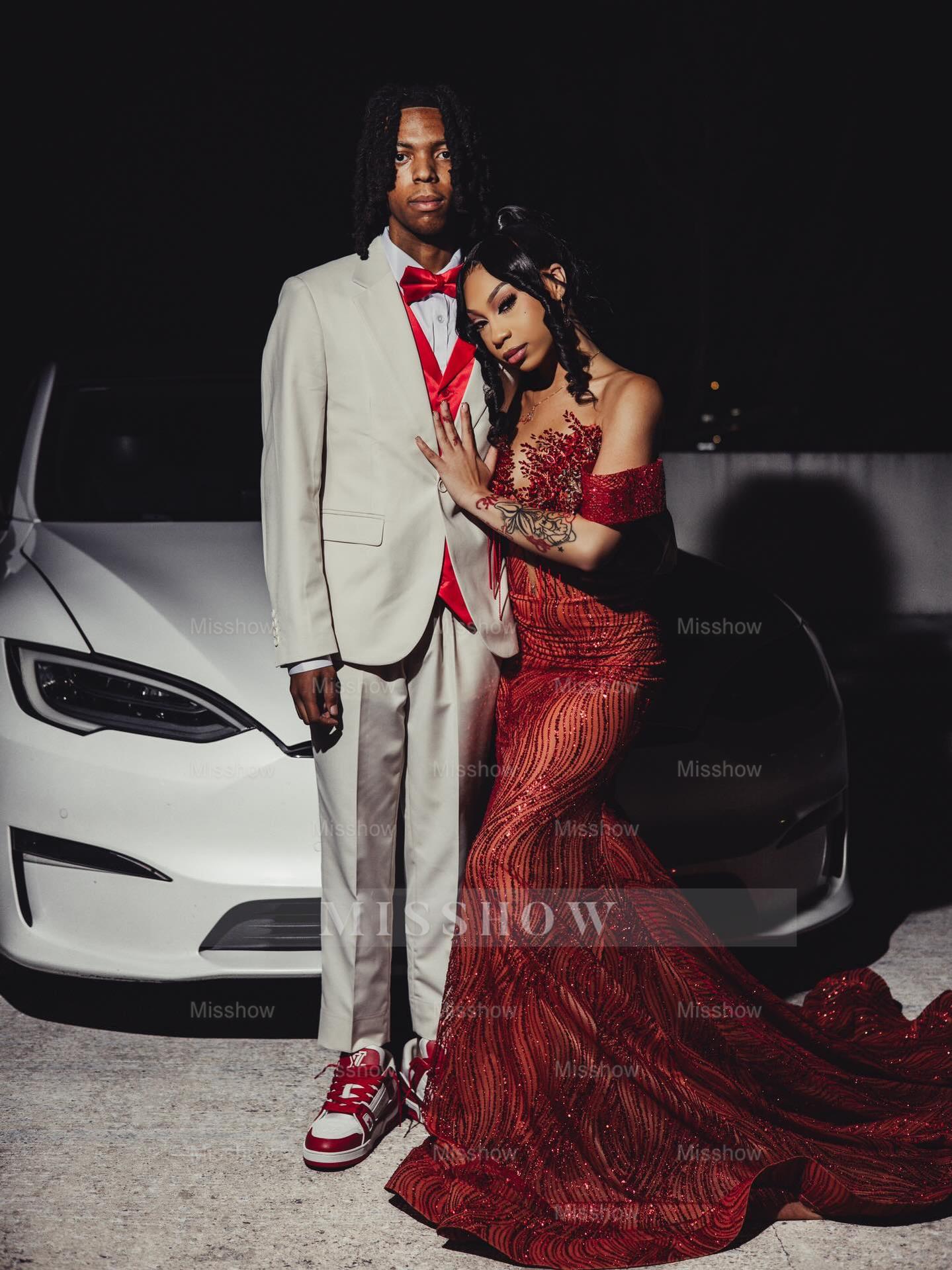 Red v-neck beaded mermaid prom dress