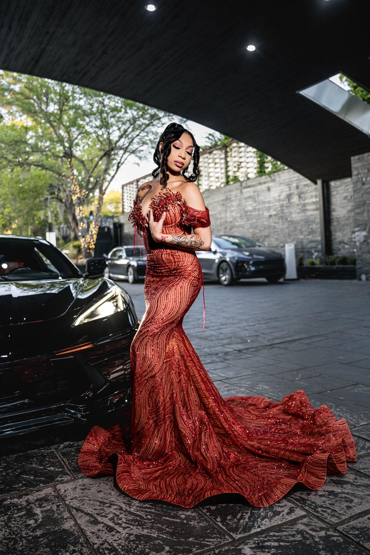 Red v-neck beaded mermaid prom dress