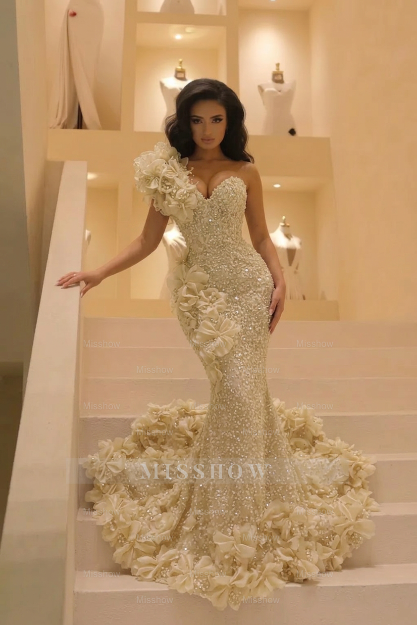 Burgundy Sequin Mermaid Prom Dress One Shoulder 3D Floral Ruffle Deep Sweetheart Beaded Bodice Open Back 3D Flower Cathedral Train Formal Gown