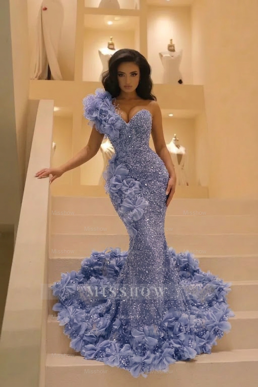 Burgundy Sequin Mermaid Prom Dress One Shoulder 3D Floral Ruffle Deep Sweetheart Beaded Bodice Open Back 3D Flower Cathedral Train Formal Gown