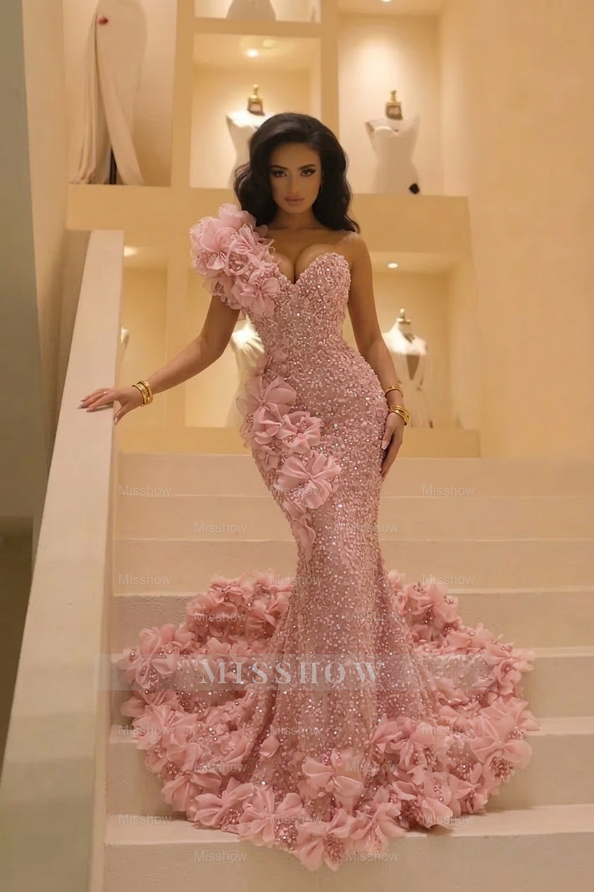 Burgundy Sequin Mermaid Prom Dress One Shoulder 3D Floral Open Back  Cathedral Train