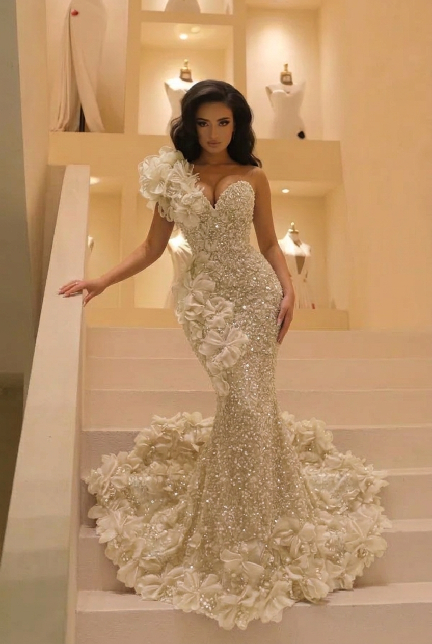 Ivory sweetheart beaded mermaid prom dress