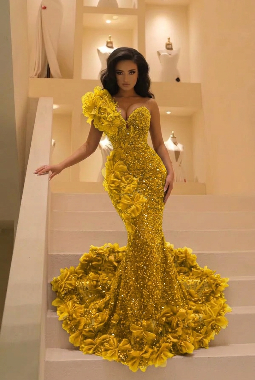 Yellow sweetheart beaded mermaid prom dress