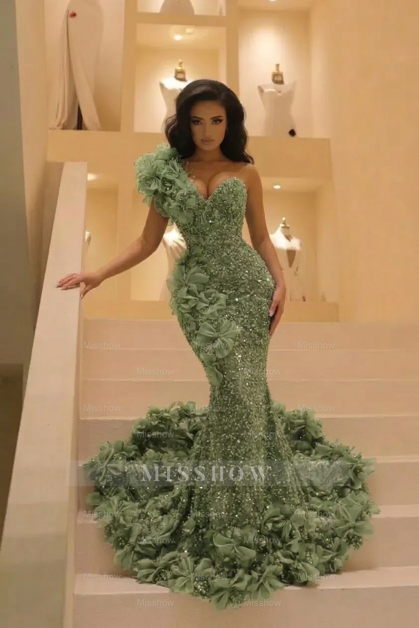 Burgundy Sequin Mermaid Prom Dress One Shoulder 3D Floral Ruffle Deep Sweetheart Beaded Bodice Open Back 3D Flower Cathedral Train Formal Gown