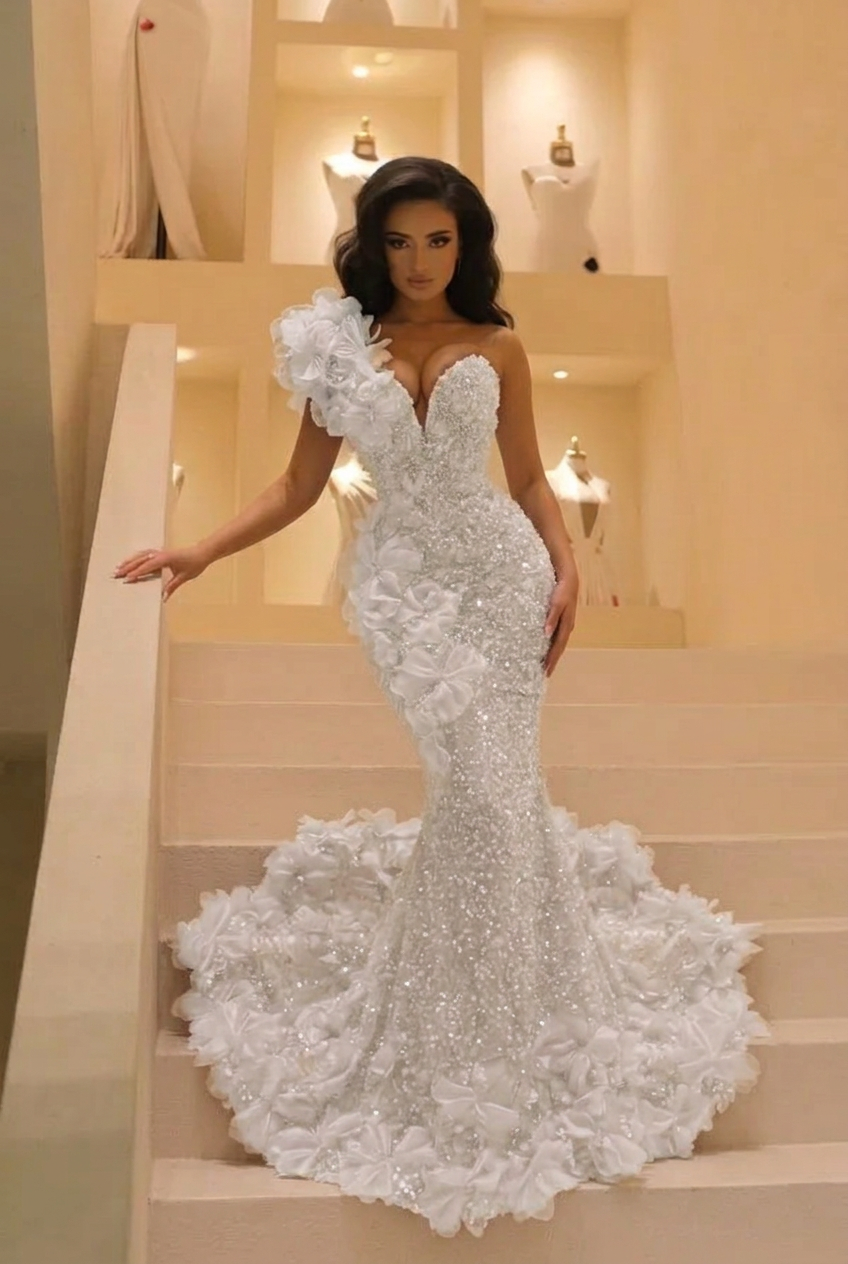 White sweetheart beaded mermaid prom dress