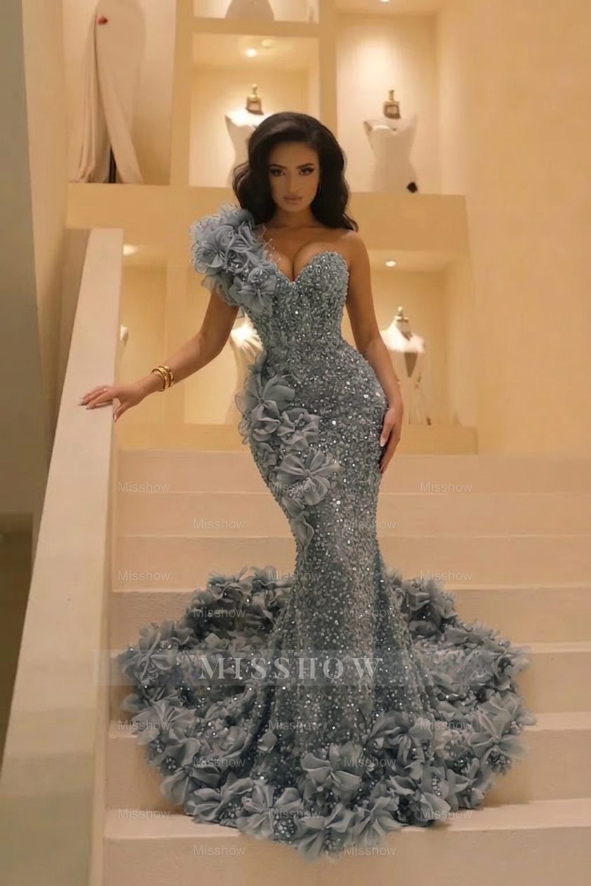 Burgundy Sequin Mermaid Prom Dress One Shoulder 3D Floral Ruffle Deep Sweetheart Beaded Bodice Open Back 3D Flower Cathedral Train Formal Gown