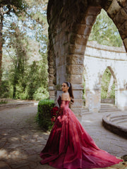 Burgundy Sequin Mermaid Wedding Dress Strapless Sleeveless High Slit Detachable Overskirt Cathedral Train Bridal Gown