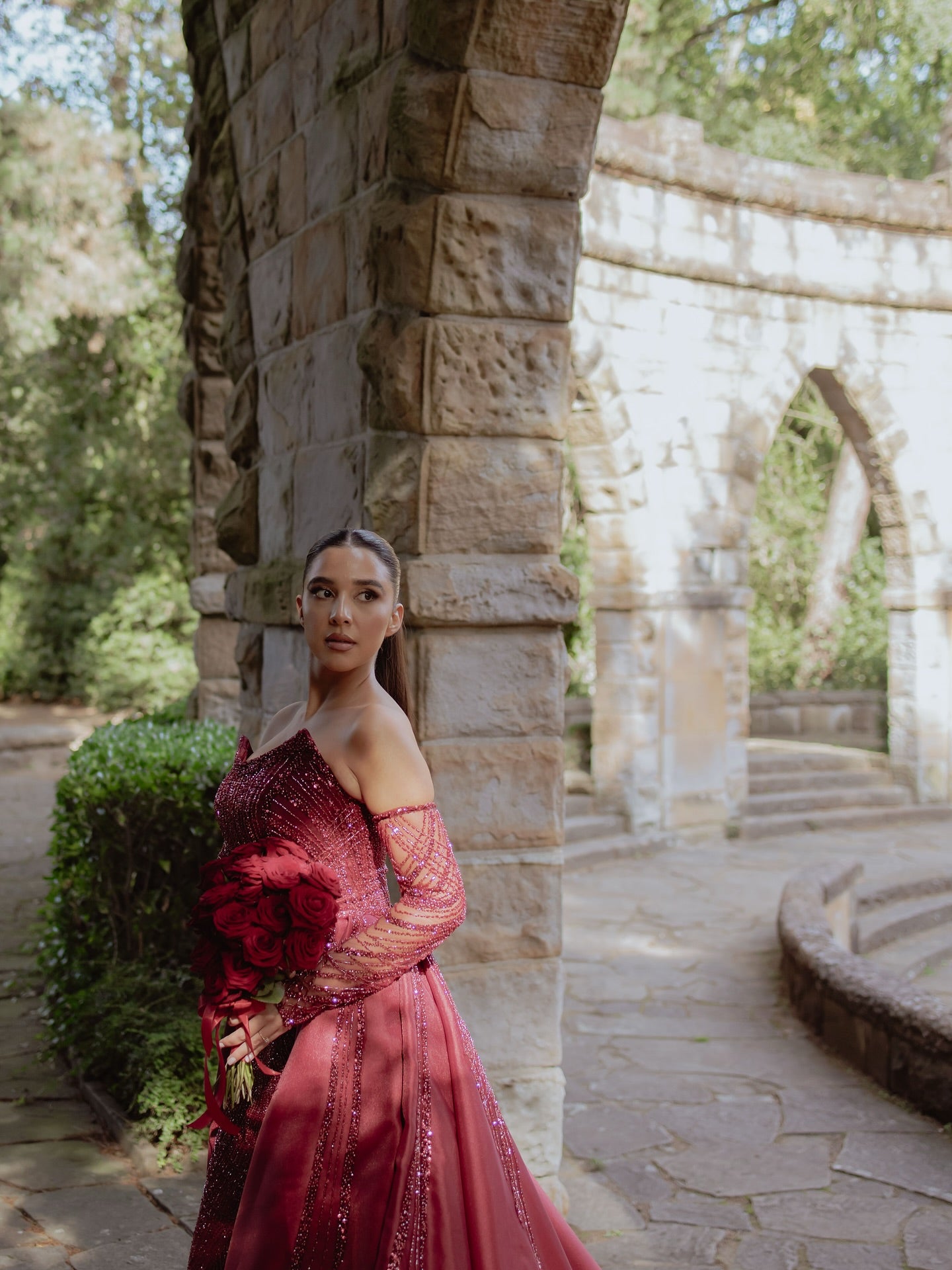 Burgundy Sequin Mermaid Wedding Dress Strapless Sleeveless High Slit Detachable Overskirt Cathedral Train Bridal Gown