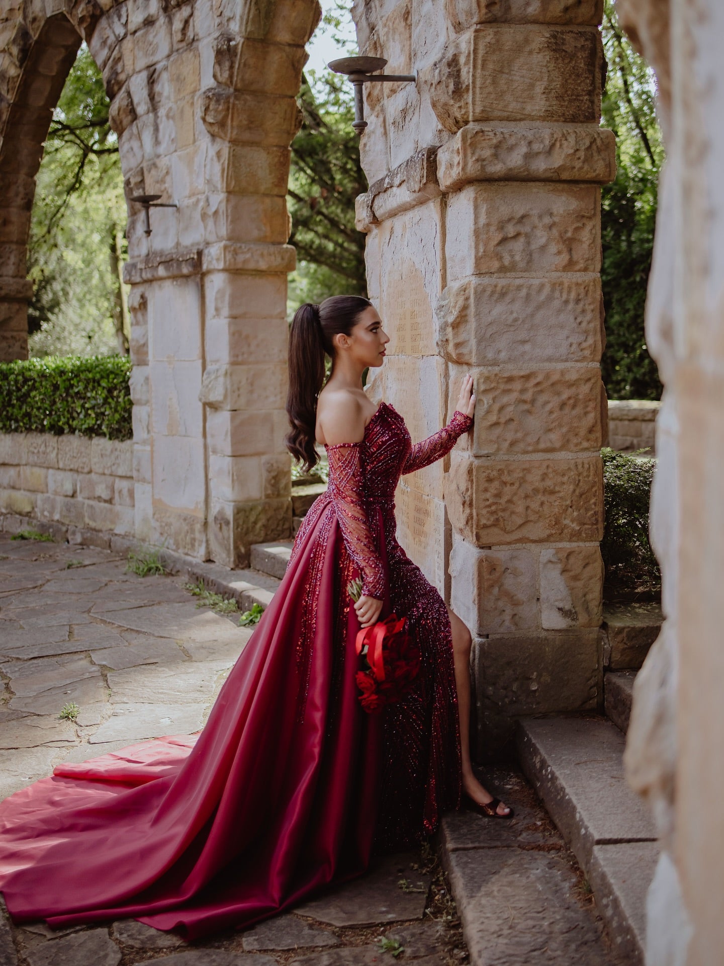 Burgundy Sequin Mermaid Wedding Dress Strapless Sleeveless High Slit Detachable Overskirt Cathedral Train Bridal Gown