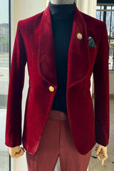 Burgundy Shawl Collar Two-Piece Slim Fit Velvet Groom's Suit