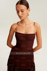 Burgundy Spaghetti Straps Sleeveless A-Line Chiffon Ruffled Floor Formal Evening Dress