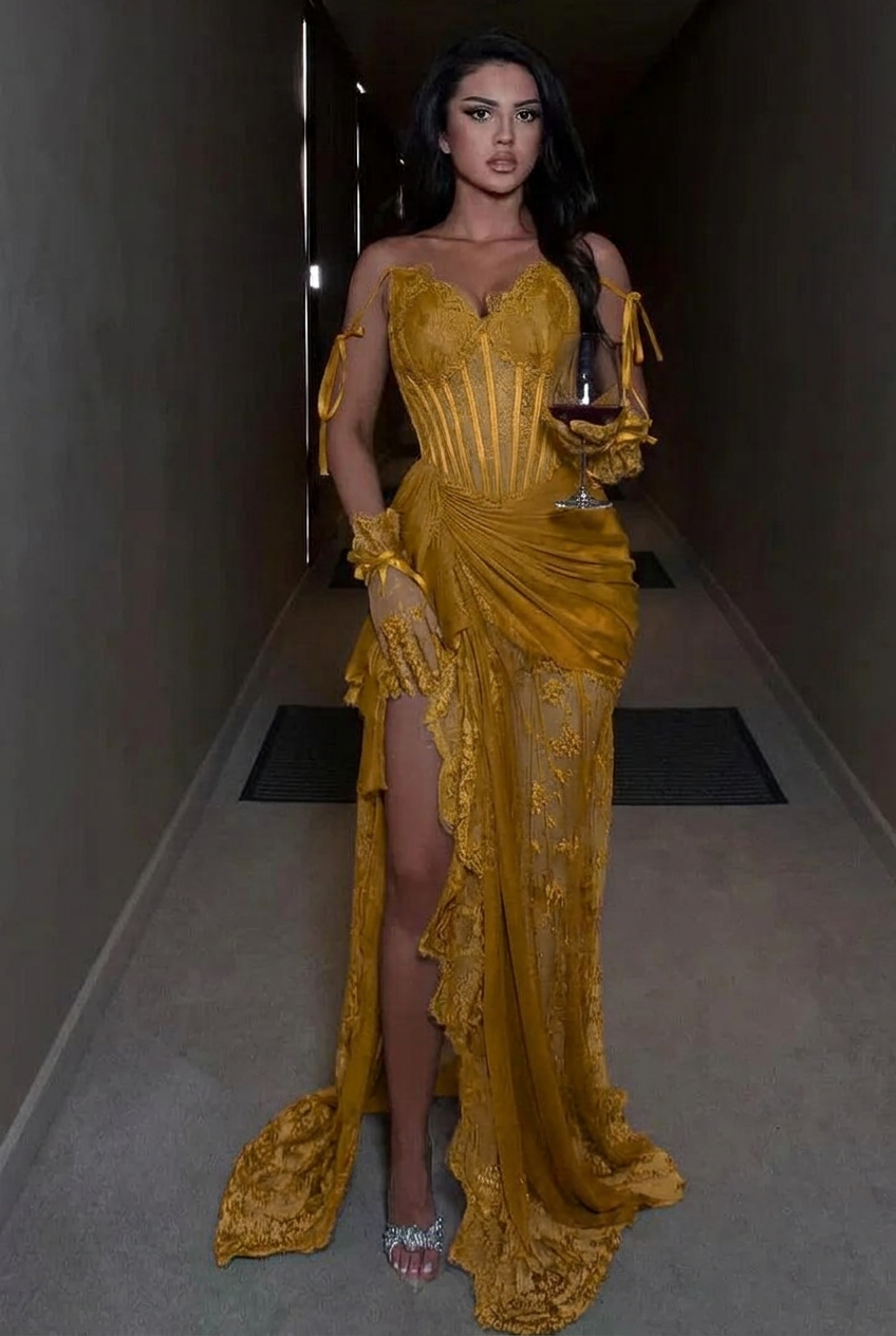 Gold spaghetti straps ruffled mermaid evening dress